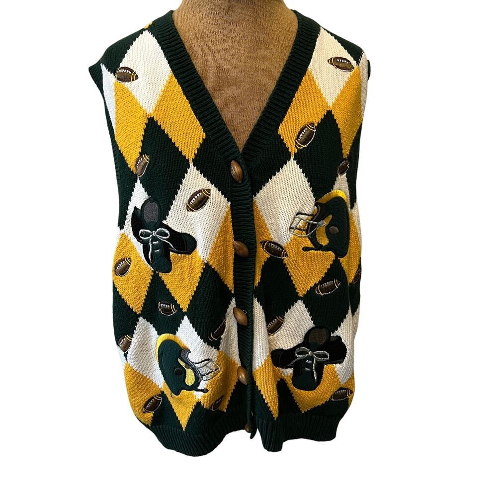 90s Christopher & Banks football sweater Vest Green Bay Packer green gold argyle